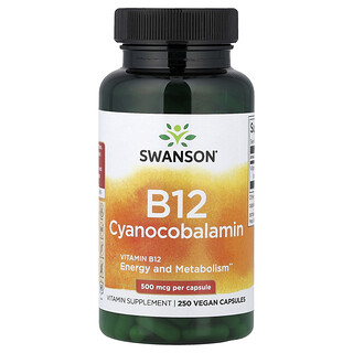 Swanson Vitamins, B12 Vitamini, 500 mcg, 250 Vegan Kapsül