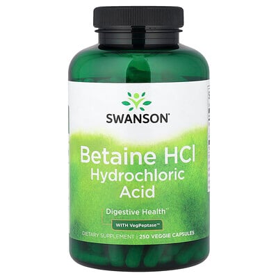 Swanson Vitamins, Clorhidrato de betaína y ácido clorhídrico con VegPeptase™, 250 cápsulas vegetales