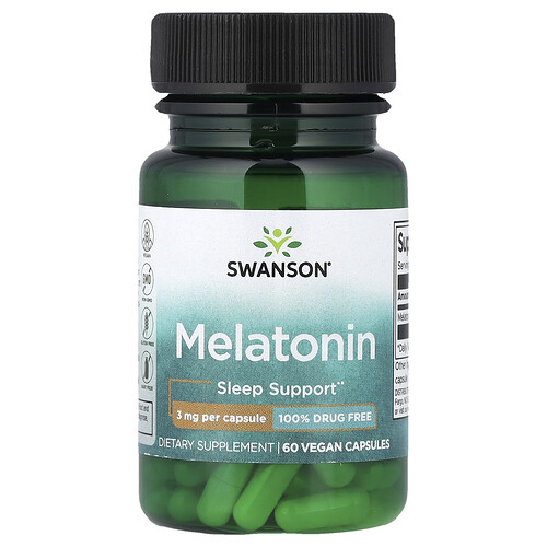 Swanson Vitamins Melatonin - 100% Drug Free Supplement Vitamin | 3 mg | 60 Vegan Caps