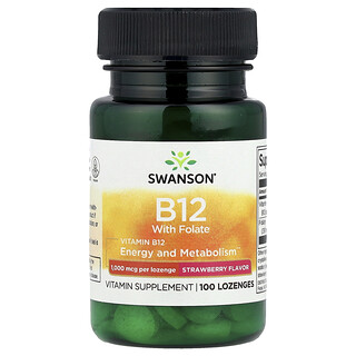 Swanson Vitamins, Витамин B12 с фолатом, клубника, 100 пастилок