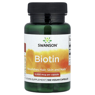 Swanson Vitamins, Biotin, 5.000 mcg, 100 veganske kapsler