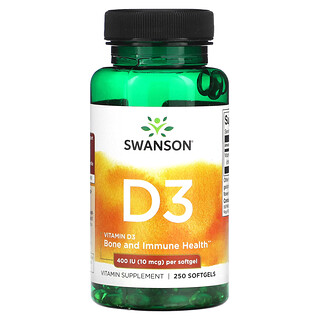 Swanson, Vitamina D3, 400 UI (10 mcg), 250 cápsulas blandas