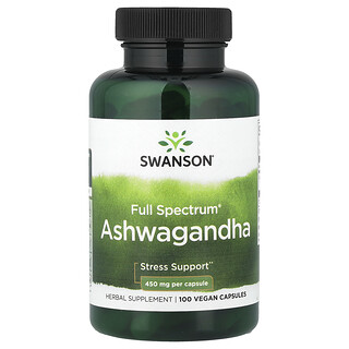 Swanson Vitamins‏, Full Spectrum®‎, אשווגנדה, 100 כמוסות טבעוניות (450 מ"ג לכמוסה)