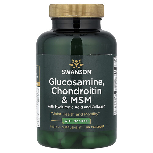 Swanson Vitamins, Gliukozaminas, chondroitinas ir MSM su hialurono rūgštimi ir kolagenu, 90 kapsulių