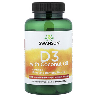 Swanson Vitamins, 含椰子油的維生素 D3，優效，60 粒軟膠囊