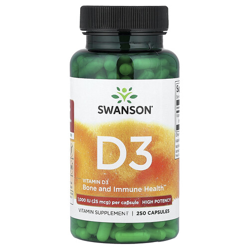 Swanson Vitamins, Vitamin D3, High Potency, 25 mcg (1,000 IU), 250 Capsules