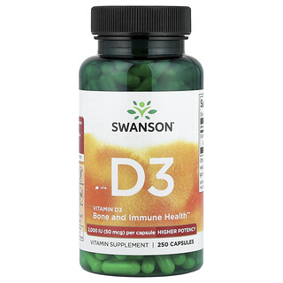 Swanson Vitamins, Vitamin D3, Higher Potency,  50 mcg (2,000 IU), 250 Capsules