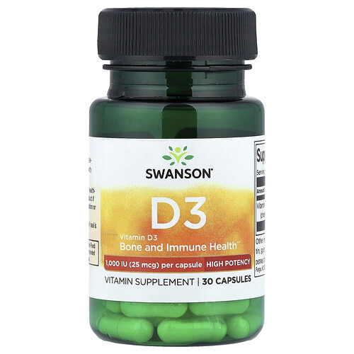 Swanson Vitamins Vitamin D3, High Potency, 25 mcg (1,000 IU), 30 Capsules