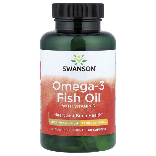 スワンソンビタミンズ Swanson Vitamins, ビタミンD配合オメガ3フィッシュオイル、レモン、ソフトジェル60粒