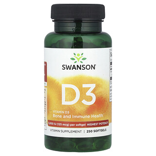 Swanson Vitamins, Vitamin D3, Highest Potency, 125 mcg (5,000 IU), 250 Softgels