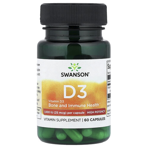 Swanson Vitamins, Vitamin D3, High Potency, 25 mcg (1,000 IU), 60 Capsules