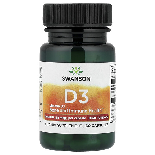 Swanson Vitamins, Vitamin D3, hohe Potenz, 25 mcg (1.000 IU), 60 Kapseln