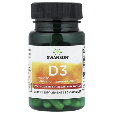 Swanson Vitamins, Vitamina D3, Alta potencia, 25 mcg (1000 UI), 60 cápsulas blandas