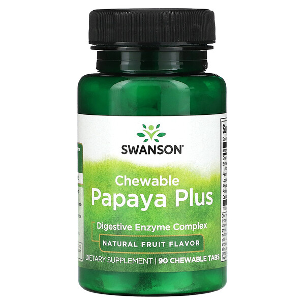 Swanson‏, טבליות לעיסה Papaya Plus, בטעם פירות טבעי, 90 טבליות לעיסה
