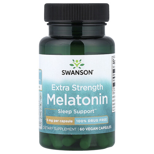 Swanson Vitamins Extra Strength Melatonin - 100% Drug Free Supplement Vitamin | 5 mg | 60 Vegan Caps