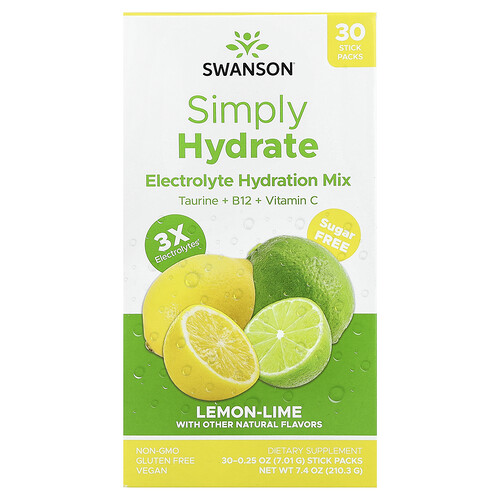 Swanson Vitamins, Simply Hydrate, Elektrolyt-Feuchtigkeitsmischung, Zitrone-Limette, 30 Stick-Packungen, je 7,01 g