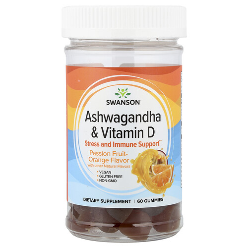 Swanson Vitamins, Ashwagandha & Vitamin D, Passionsfrucht-Orange, 60 Fruchtgummis