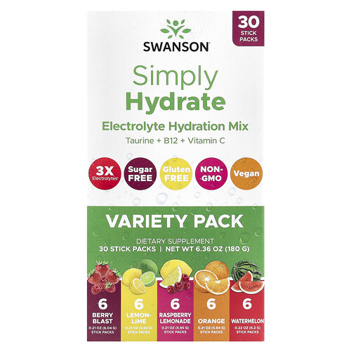 Swanson Vitamins Simply Hydrate, Electrolyte Hydration Mix, Variety Pack, 30 Sticks Packs, 6.36 oz (180 g)
