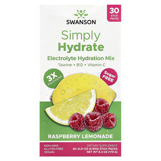 Swanson Vitamins, Simply Hydrate, Mezcla de hidratación con electrolitos, Limonada de frambuesa, 30 sobrecitos, 5,95 g (0,21 oz) cada uno