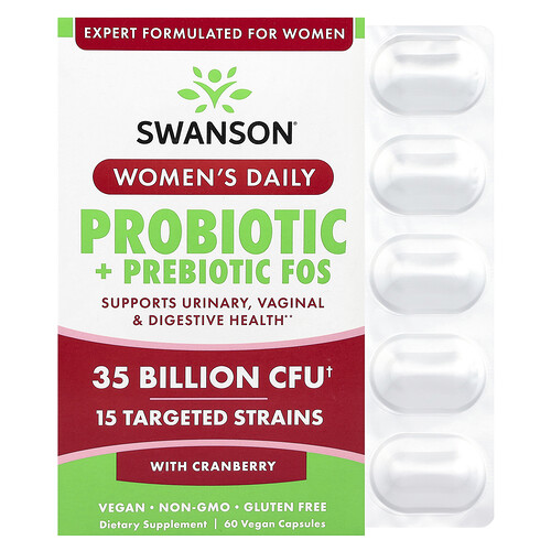 Swanson Vitamins Women's Daily Probiotic + Prebiotic FOS With Cranberry, 35 Billion CFU, 60 Vegan Capsules