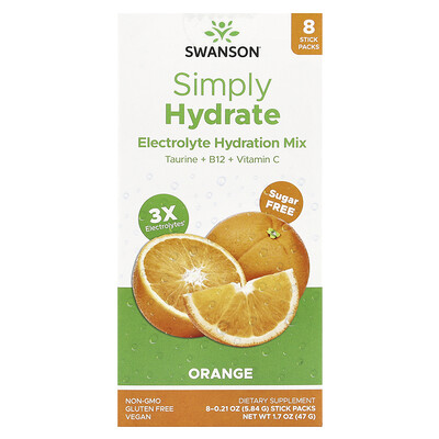 Swanson Simply Hydrate Electrolyte Hydration Mix Orange 8 Stick Packs 0.21 oz (5.84 g) Each