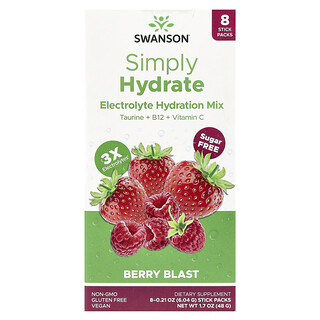 Swanson Vitamins, Simply Hydrate，电解质混合饮品，爆裂浆果味，8 条，每条 0.21 盎司（6.04 克）