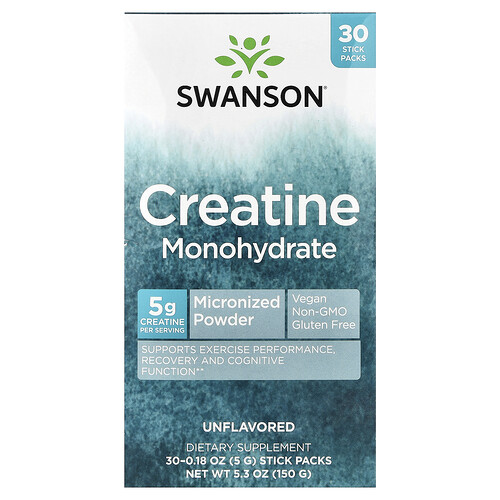 Swanson Vitamins Creatine Monohydrate, Unflavored, 30 Stick Packs, 0.18 oz (5 g) Each