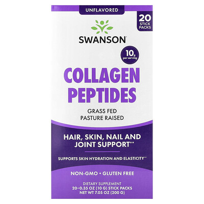 Swanson, Péptidos de colágeno, Sin sabor, 20 sobrecitos, 10 g (0,35 oz) cada uno