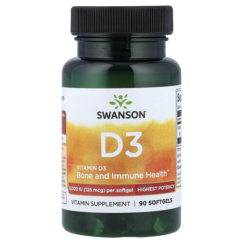 Swanson Vitamins Vitamin D3, Highest Potency, 125 mcg (5,000 IU), 90 Softgels