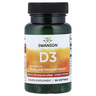 Swanson, Vitamina D3, Máxima potencia, 125 mcg (5000 UI), 90 cápsulas blandas