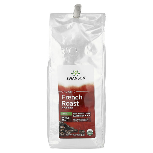 Swanson Vitamins, Organic French Roast Coffee, französischer Bio-Röstkaffee, ganze Bohne, dunkle Röstung, koffeinfrei, 454 g (16 oz.)