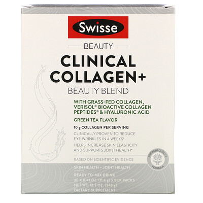 Swisse Clinical Collagen+ Beauty Blend, Green Tea Flavor, 30 Stick Packs, 0.41 oz (11.6 g) Each