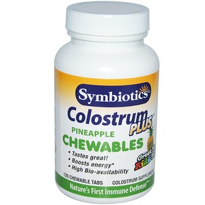 Symbiotics, Жевательные ананасовые таблетки Colostrum Plus, 120 Жевательных Таблеток