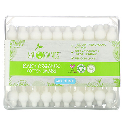 Sky Organics Baby Organic Cotton Swabs, 60 Count