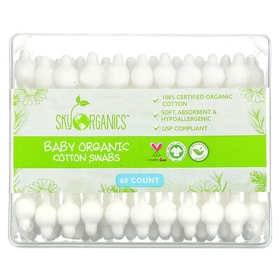Sky Organics Детские органические ватные палочки, 60 штук