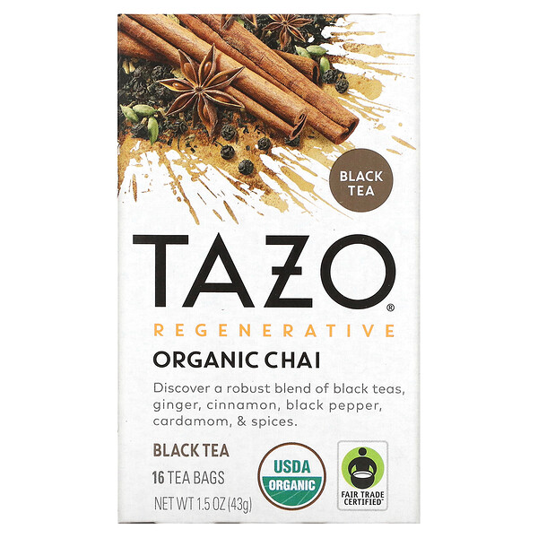 Tazo Teas‏, צ'אי אורגני, תה שחור, בעל יכולת התחדשות, 16 שקיקי תה, 43 גרם (1.5 אונקיות)