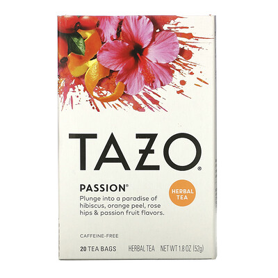 Tazo Teas Passion, травяной чай, без кофеина, 20 чайных пакетиков, 52 г (1,8 унции)