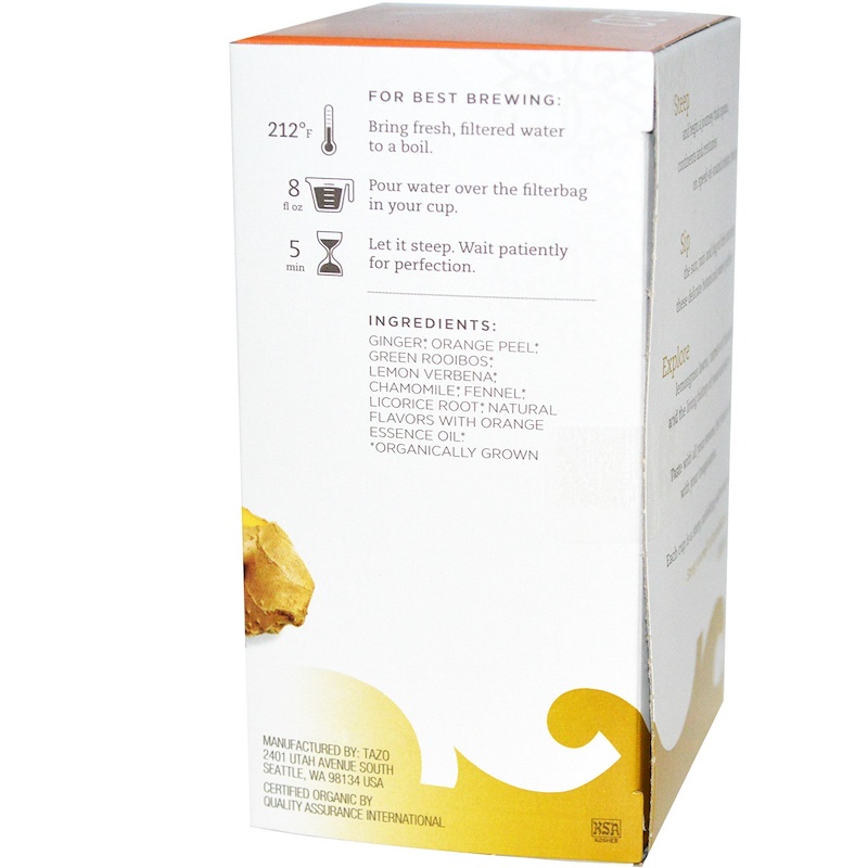Tazo Teas, Organic, Herbal Tea, Spicy Ginger, CaffeineFree, 20
