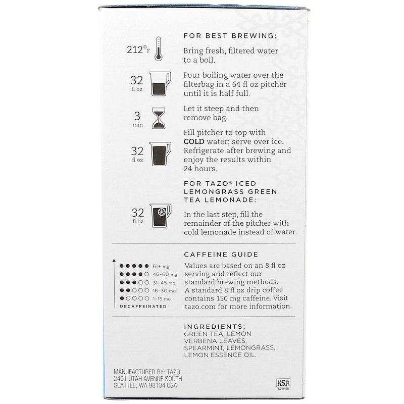 Tazo Teas, Iced Lemongrass Green Tea, 6 Filterbags, 3.15 oz (89 g) iHerb