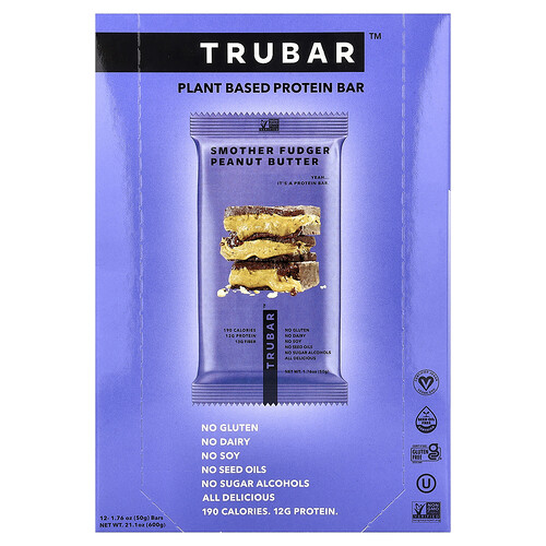 Trubar, Plant Based Protein Bar, Smoother Fudger Peanut Butter, 12 Bars, 1.76 oz (50 g) Each