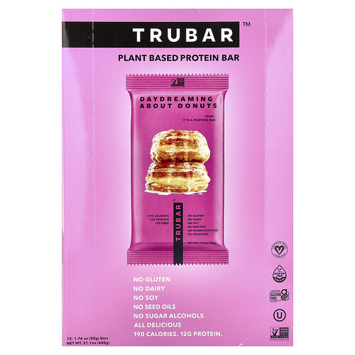 Trubar Plant Based Protein Bar, Daydreaming About Donuts, 12 Bars, 1.76 oz (50 g) Each