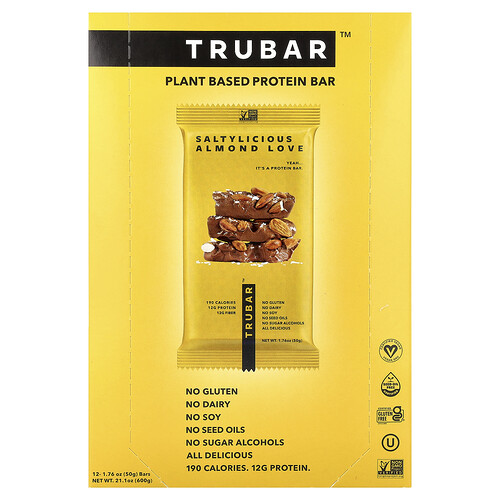 Trubar Plant Based Protein Bar, Saltylicious Almond Love, 12 Bars, 1.76 oz (50 g) Each