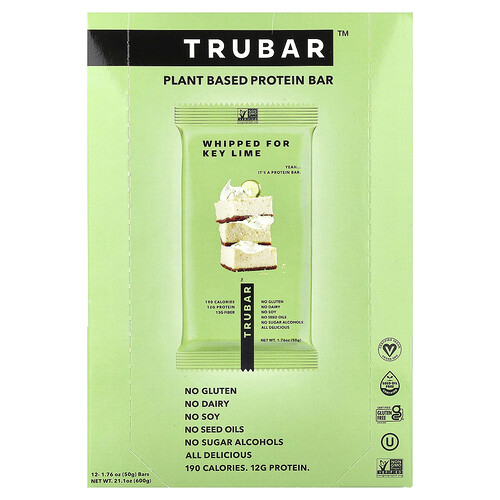 Trubar Plant Based Protein Bar, Whipped For Key Lime, 12 Bars, 1.76 oz (50 g) Each