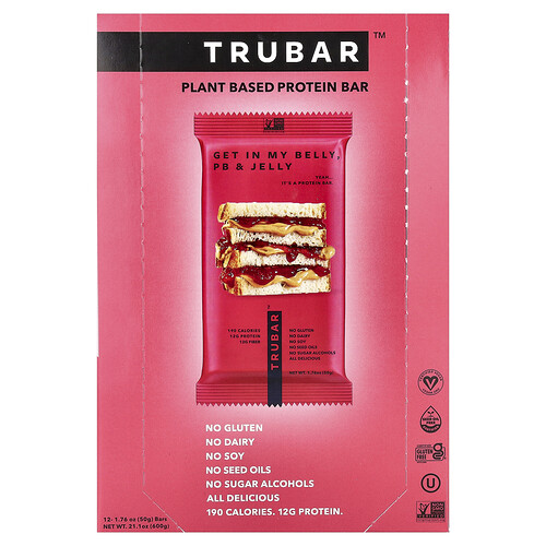 Trubar Plant Based Protein Bar, Get In My Belly, PB & Jelly, 12 Bars, 1.76 oz (50 g) Each