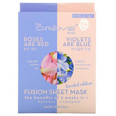 The Creme Shop Fusion Beauty Sheet Mask, Roses Are Red Violets Are Blue, 5 Sheets, 4.40 oz (125 g)