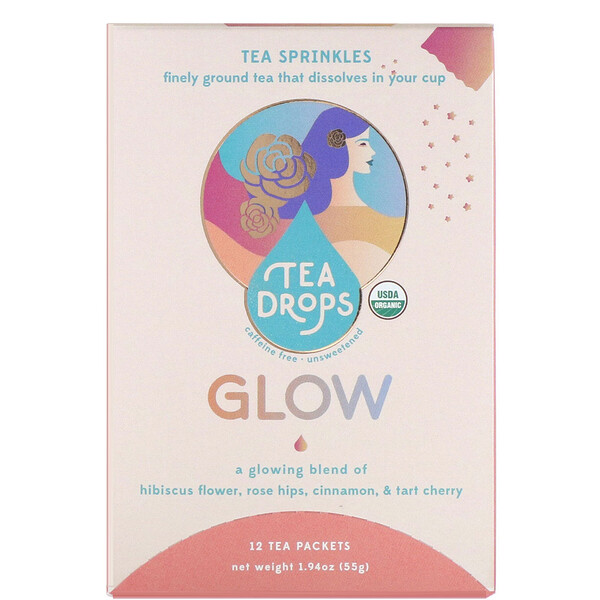 Tea Drops, Tea Sprinkles, Glow, Caffeine Free, 12 Tea Packets, 1.94 oz