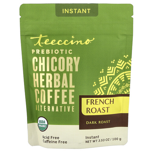 Teeccino Instant Prebiotic Chicory Herbal Coffee Alternative, French Roast, Dark, Caffeine Free, 3.53 oz (100 g)
