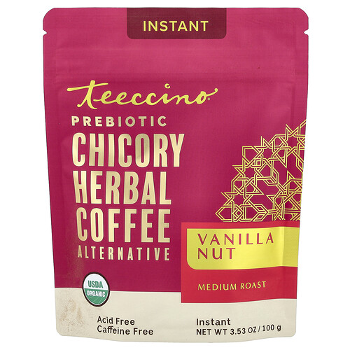 Teeccino Prebiotic Chicory Instant Herbal Coffee Alternative, Vanilla Nut, Medium Roast, Caffeine Free, 3.53 oz (100 g)