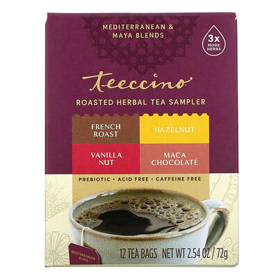 Купить Teeccino Roasted Herbal Tea Sampler, 4 Flavors, Caffeine Free, 12 Tea Bags, 2.54 oz (72 g)