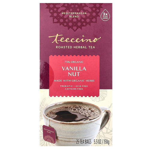 Teeccino Roasted Herbal Tea, Vanilla Nut, Caffeine Free, 25 Tea Bags, 5.3 oz (150 g)